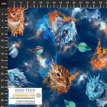 Baumwolljersey Drachen und Universum auf Blau